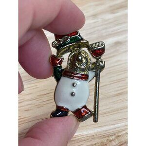 Vintage Snowman Brooch With Broom Gold Tone & Enamel Christmas Holiday Pin